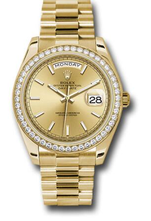 Replica Rolex Yellow Gold Day-Date 40 Watch 228348RBR Bezel Champagne Index Dial President Bracelet
